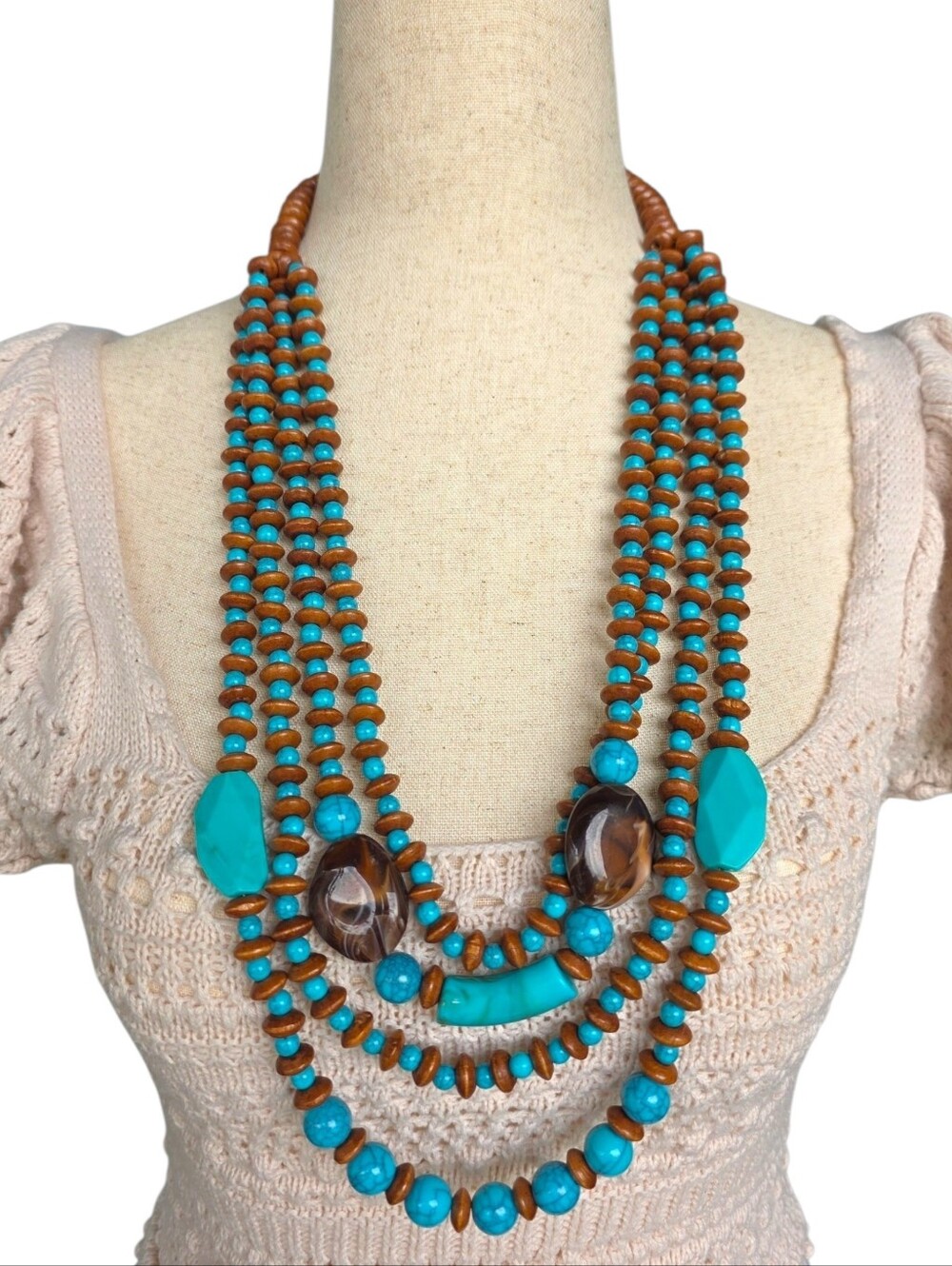 Boho Multi Strand Wooden Beaded Statement Necklace Turquoise Tortoise Shell